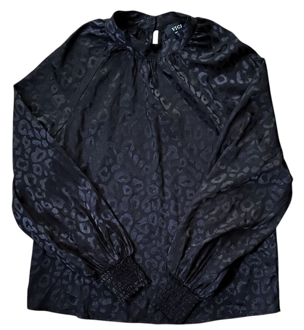 Vici Long Sleeve High Neck Keyhole Black Satin Blouse Small